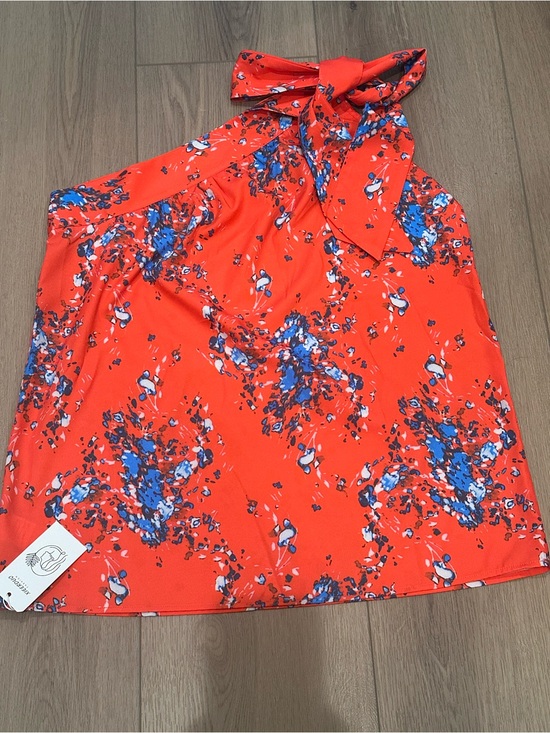 Other - Tie-Neck Floral Halter Top in Vibrant Coral with Blue Accents